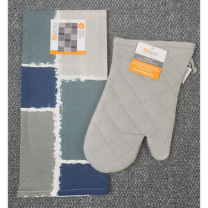 MU Kitchen Oven Mitt Potholder Blue Abstract Cotton Terry Lined 2pc Set Gift